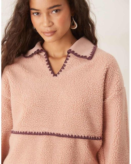 ASOS Natural Borg Fleece Pullover Sweat With Blanket Stitch Detail