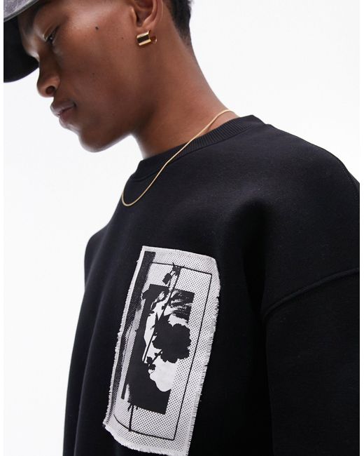 Topman Black Oversized Sweatshirt With Front And Back Patches for men