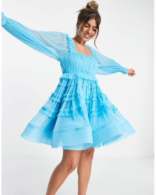 LACE & BEADS Blue Exclusive Tulle Smock Mini Dress