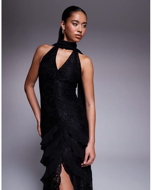 Forever New Blue – maxikleid mit schalkragen, rüschen und spitze