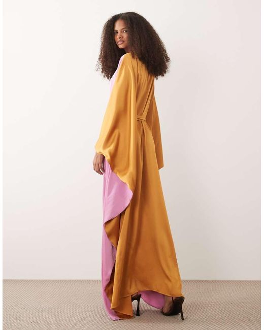 Iyal Pink Satin Contrast Bell Sleeve Maxi Belted Kaftan Dress
