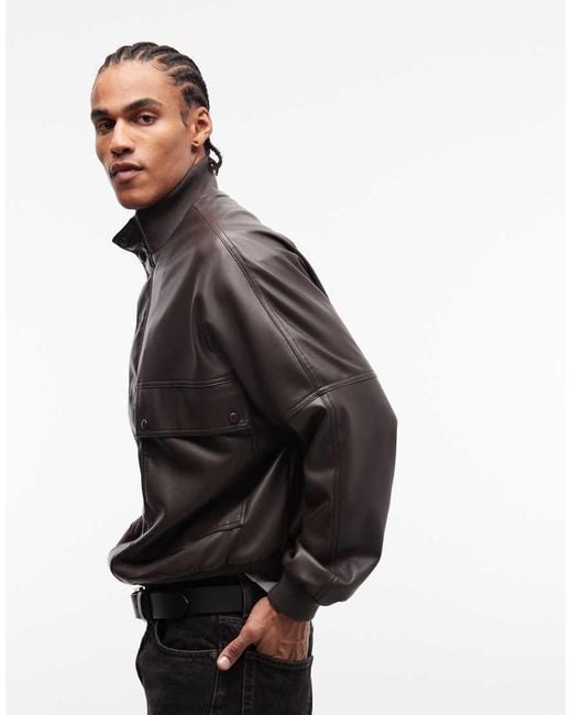 ASOS Gray Faux Leather Funnel Neck Jacket for men