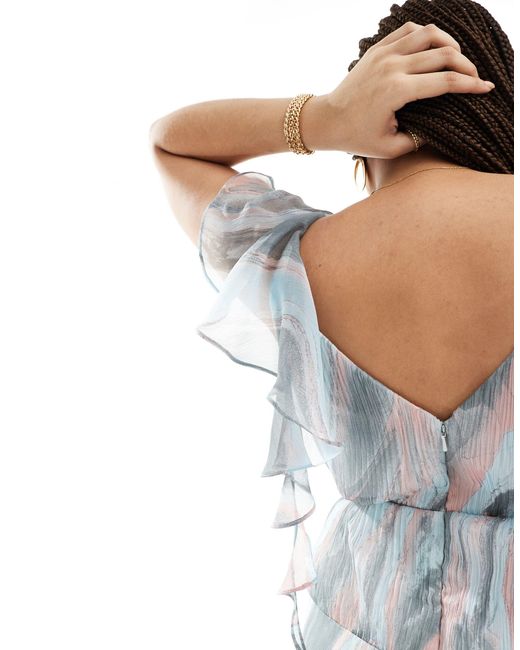 Asos design curve - robe portefeuille longue à imprimé abstrait avec volants et fente haute ASOS en coloris Blue