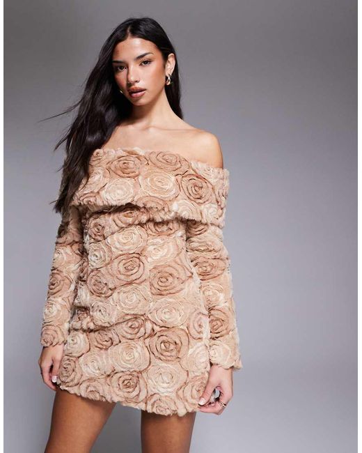 ASOS Brown Off Shoulder Faux Fur Flower Mini Dress