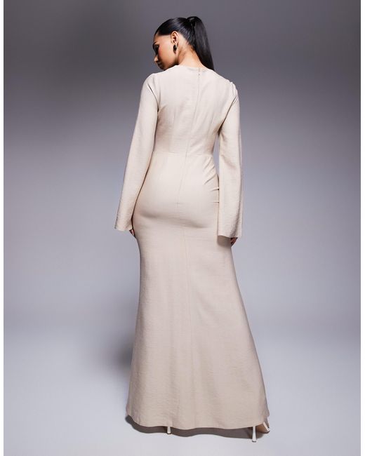 ASOS Long Sleeve Linen Maxi Dress With Ruffle Skirt in Natural | Lyst