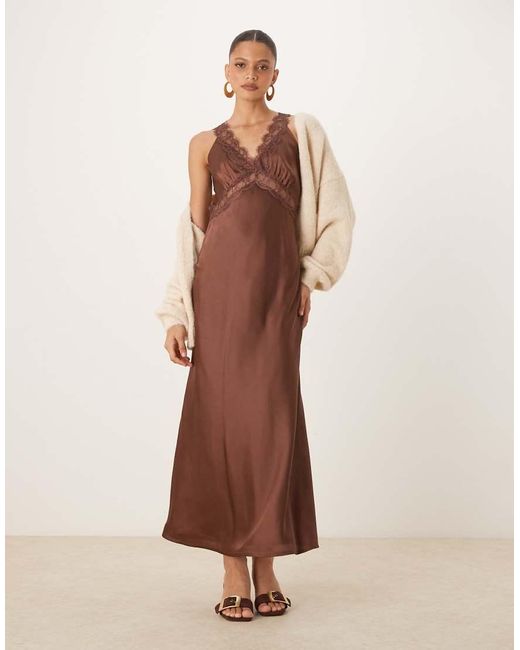 OMNES Brown Aurelia Satin Lace Trim Maxi Dress
