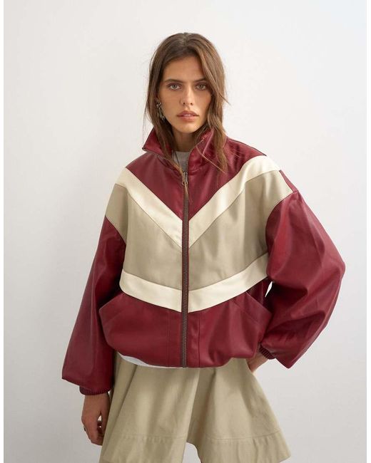 TOPSHOP Red Colour Block Leather Look Track Jacket