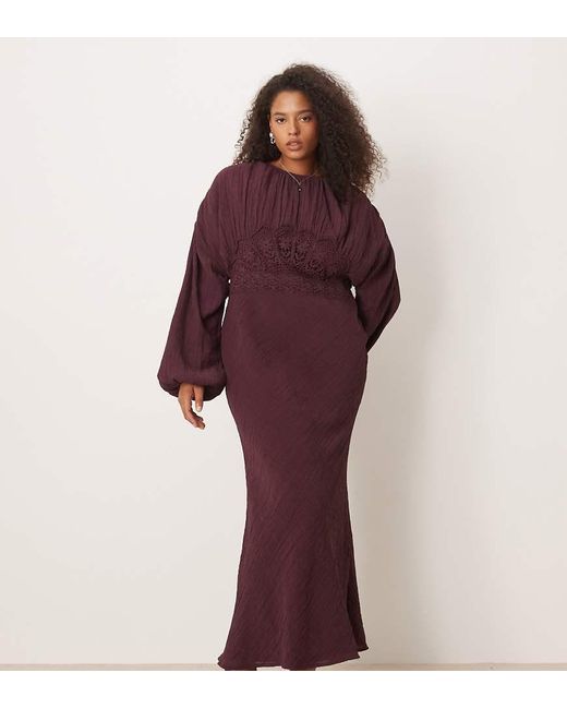 Vestido Largo Con Cuello Redondo, Mangas Voluminosas Y Detalle De Encaje En El Pecho De Asos Design Curve-Morado ASOS