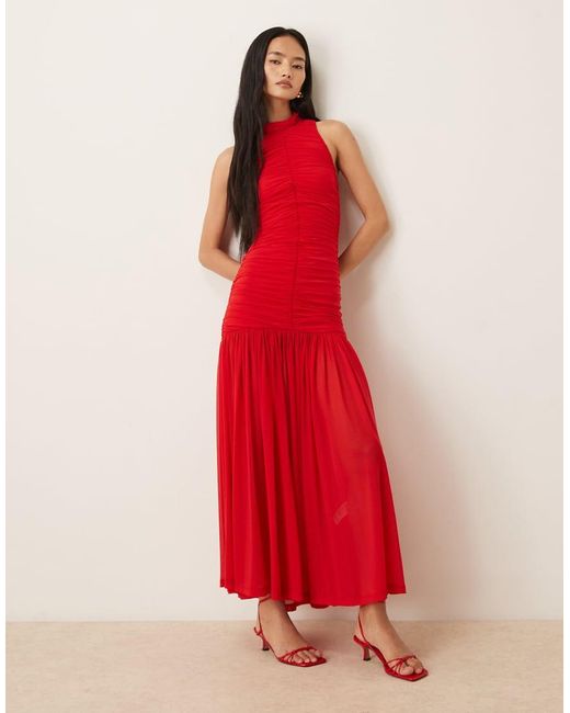 Bardot Red Orlana Mesh High Neck Dropped Waist Maxi Dress