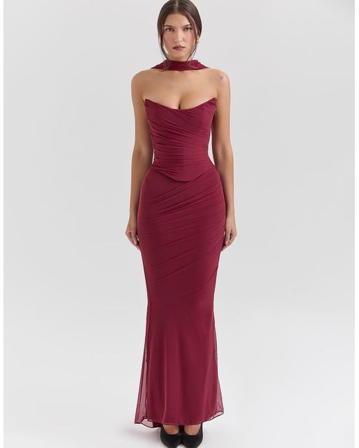 House Of Cb Red Cassidy Fluted Hem Mesh Maxi Skirt