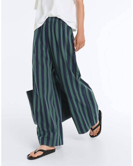 Oysho Blue Wide-leg Cotton Blend Striped Trousers