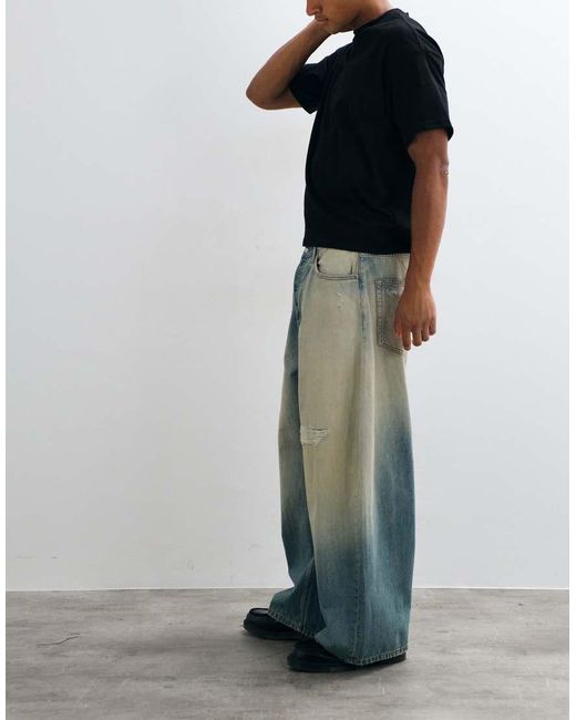Weekday Blue Wide Leg baggy Jeans With Drop Crotch And Distressed Detail for men