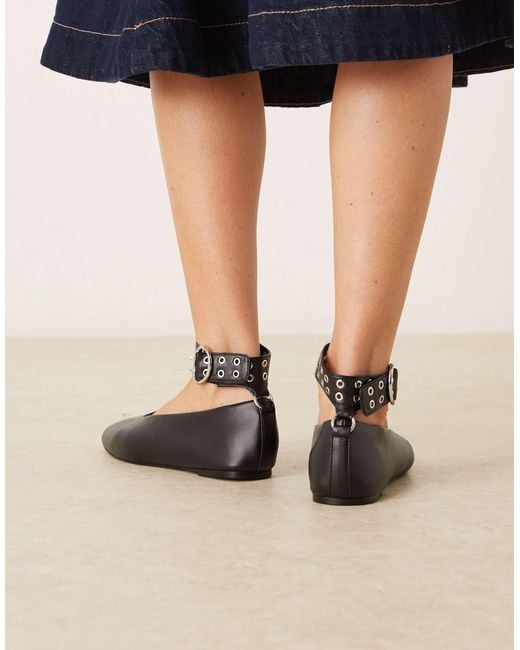 Mango Black Flat Shoe With Eyelet Ankle Strap