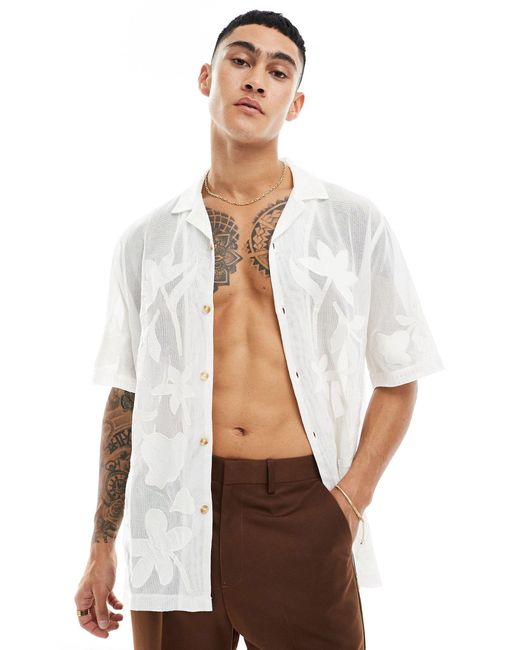 ASOS White Premium Short Sleeve Mesh Revere Shirt With Embroidery for men