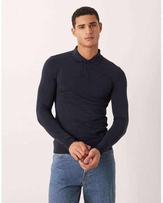 ASOS Blue Essentials Muscle Fit Long Sleeve Polo Shirt for men