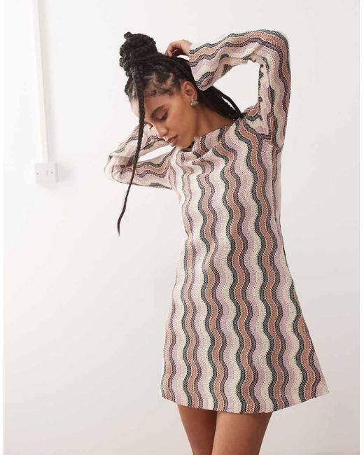 Reclaimed Vintage Multicolor Stripe Crochet Flare Sleeve Festival Mini Dress