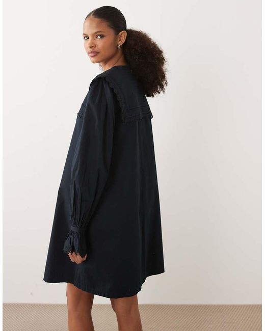 Barbour Blue Tisbury Long Sleeve Lace Trim Collared Broderie Mini Dress