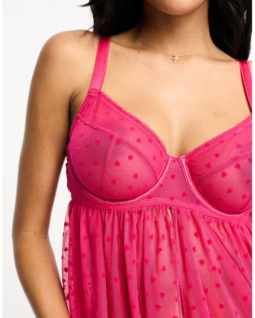 ASOS Fuller Bust Minnie Heart Mesh Underwire Babydoll Thong Set in Pink |  Lyst UK