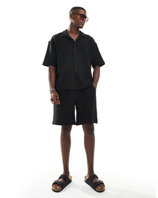 Pull&Bear Black Textured Towelling Shorts Co-ord for men