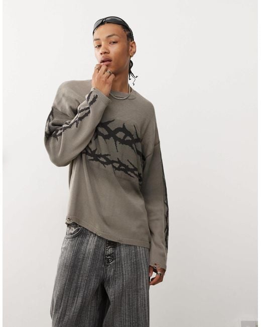 The Ragged Priest Gray Washed Jumper With Thorn Artwork for men