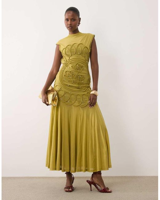 ASOS Multicolor High Neck Maxi Dress With Corded Embroidery & Scattered Pearls