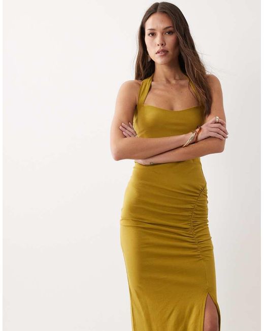 ASOS Metallic Halter Neck Ruched Front Midi Dress