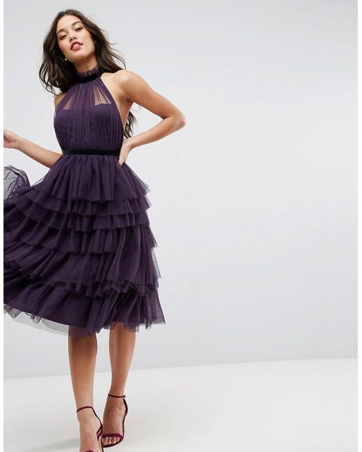 ASOS Purple Premium High Neck Tiered Tulle Midi Prom Dress