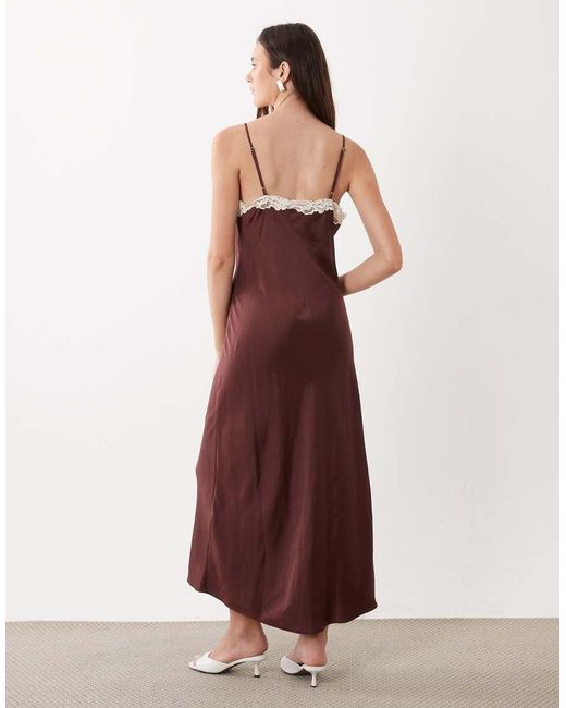 Mango Red Sleeveless Satin Midi Dress With Lace Trim
