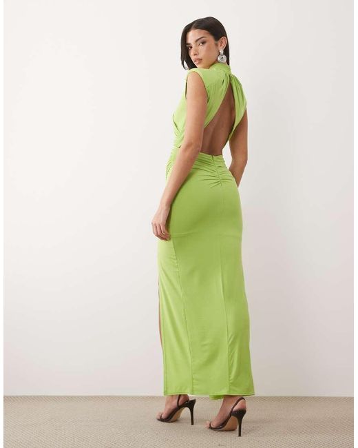 TFNC London Green Slinky Wrap Front Leg Split Open Back Maxi Dress