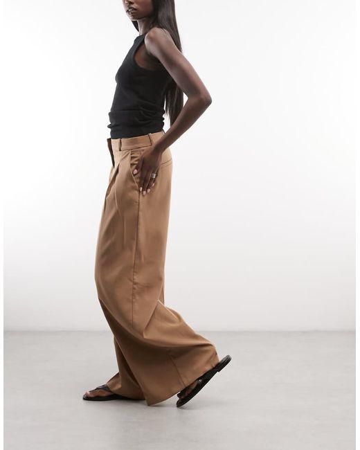 Monki Natural High Waist Wide Leg Trousers With Front Pleat
