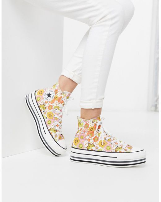 Chuck Taylor - Baskets montantes avec semelle plateforme - Crème à fleurs  Converse en coloris Métallisé | Lyst