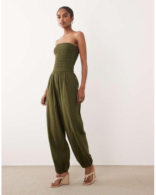 Nobody's Child Green Carly Cotton Bandeau Shirred Bodice Balloon Leg Jumpsuit
