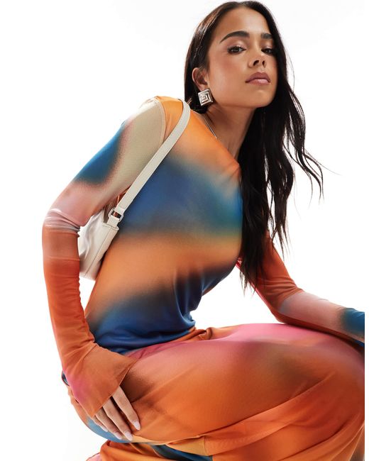 Vero Moda Multicolor – langärmliges netzstoff-maxikleid mit abstraktem muster