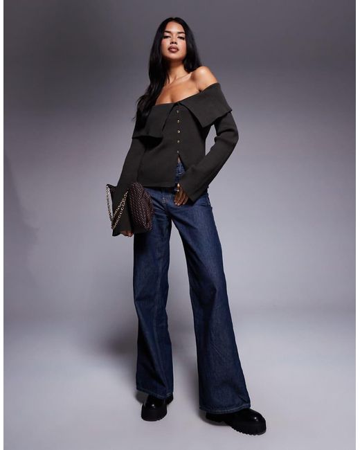Kaiia Black Exclusive Ribbed Foldover Bardot Knitted Button Detail Flare Sleeve Jumper