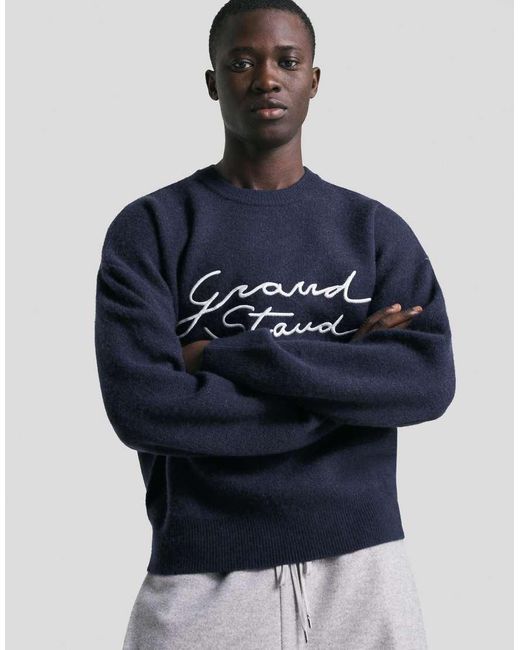 Bershka Blue Embroidered Jacquard Sweater for men