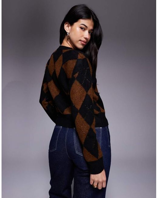 New Look Blue Sequin Embellished Argyle Jumper