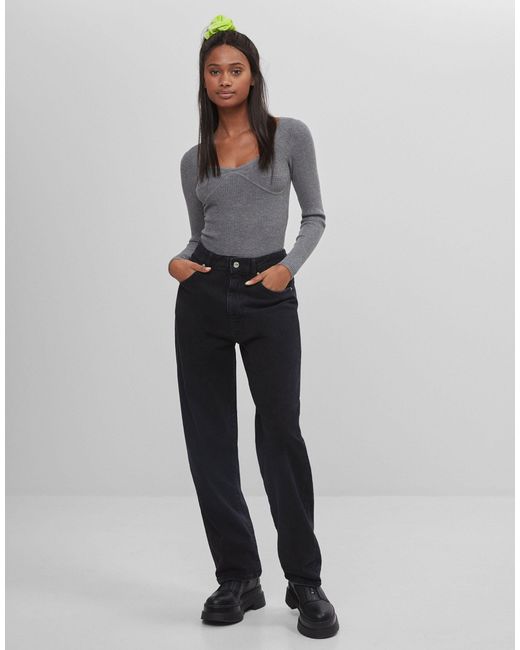 Bershka Knitted Corset Detail Bodysuit in Grey | Lyst Australia