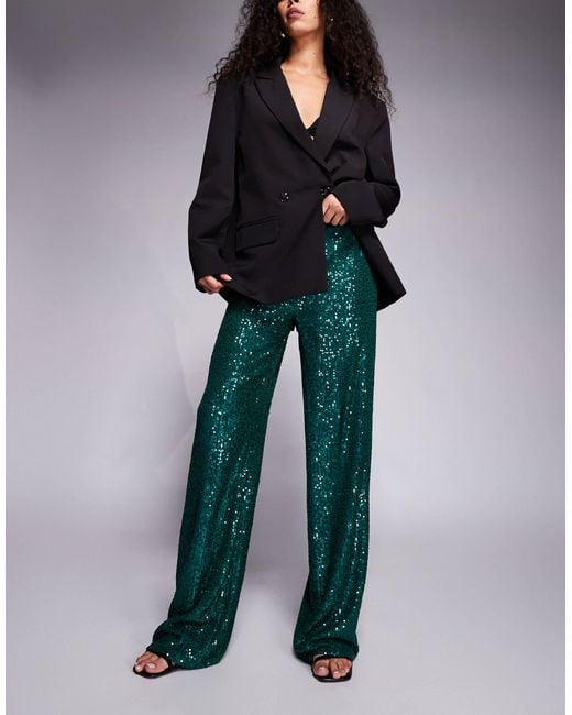 Kaiia Green Exclusive Premium Sequin Straight Leg Trousers