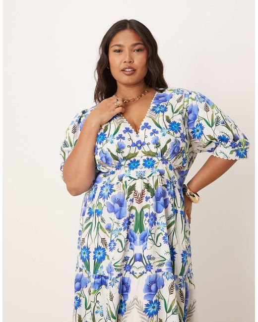 Vestido Midi Blanco De Corte Amplio Con Estampado Azul, Mangas Abullonadas Y Cuello De Pico De Hope & Ivy Plus de color Blue