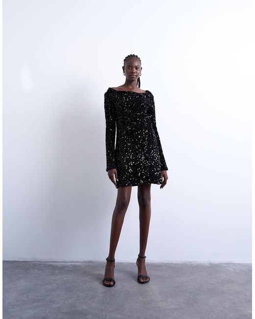 TOPSHOP White Long Sleeve Cowl Back Sequin Velvet Mini Dress
