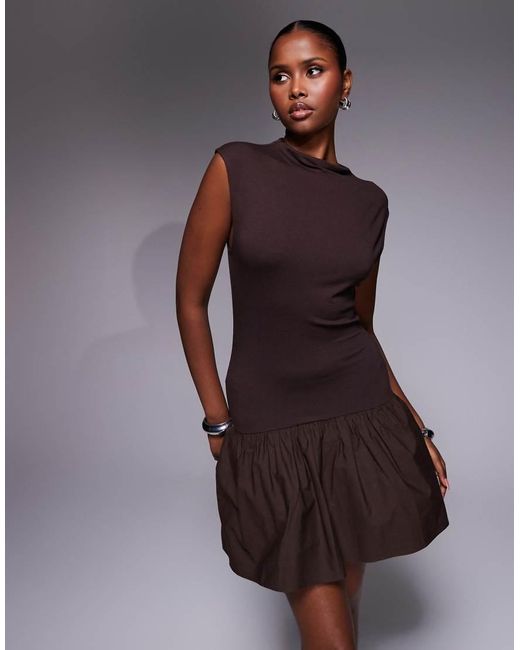 ASOS Brown Grown On Neck Mini Dress With Poplin Mix Skirt