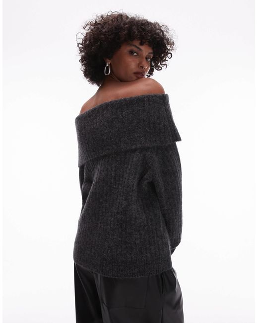 ARKET Gray Alpaca Wool Blend Sweater With Fold Over Off Shoulder