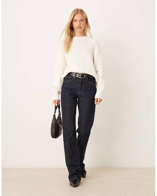 Gina Tricot White Crew Neck Textured Stripe Stitch Chunky Knitted Sweater