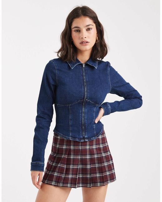 ASOS Women's Blue Stretch Denim Zip Through Corset Shirt