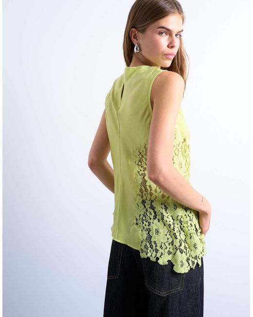 TOPSHOP Green Lace Insert Grown On Shoulder Top