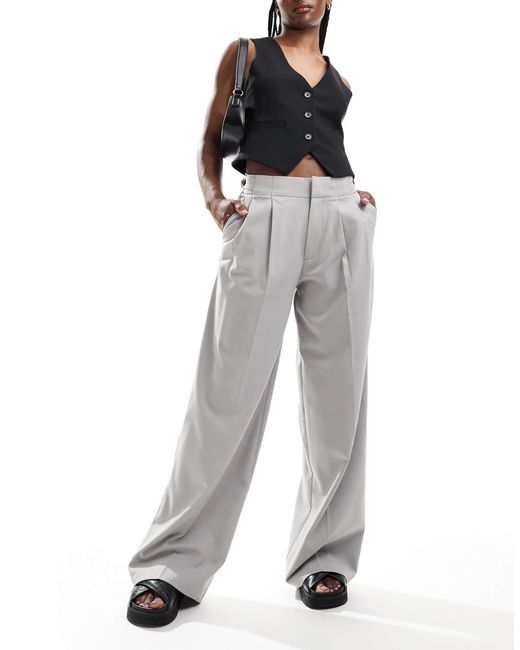 Pull&Bear Gray Wide Leg Double Pleat Tailored Trouser