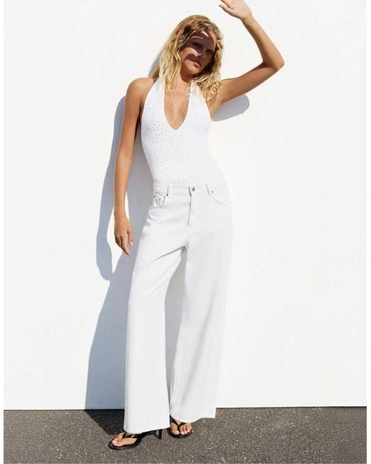 Pull&Bear White Rhinestone Halter Bodysuit