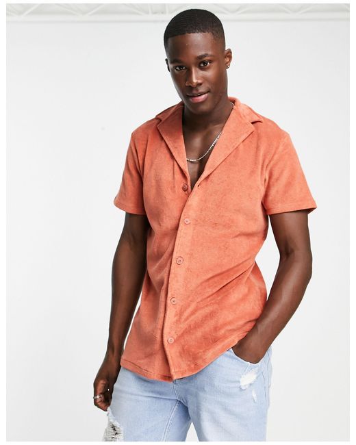 New Look Short Sleeve Towelling Shirt With Revere Collar in Orange for