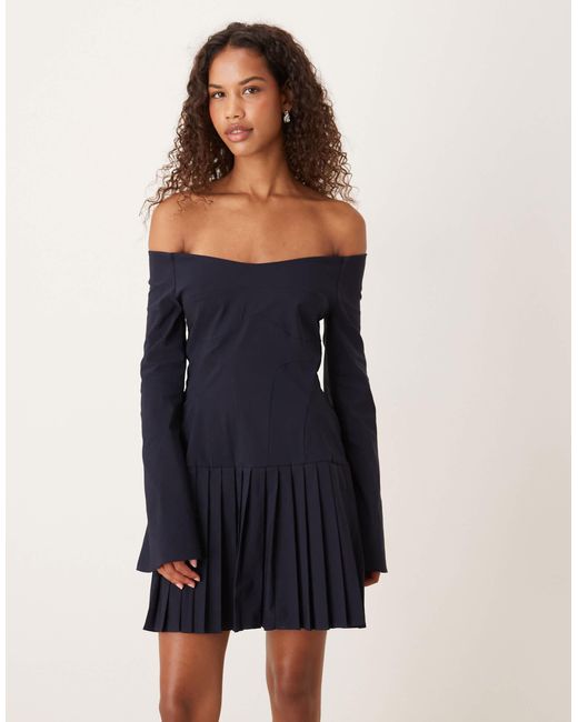 ASOS Women's Blue Long Sleeve Pleated Skirt Mini Dress