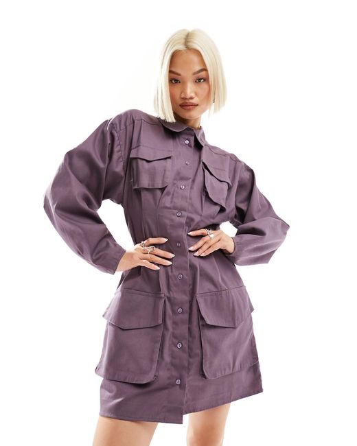 Robe chemise courte à poches en sergé ASOS en coloris Purple